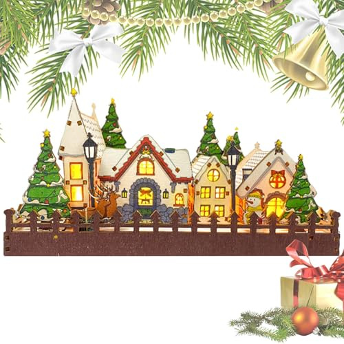 Village de Noël éclairé,Ensemble de village de Noël - Scène d'hiver Maisons de Noël Villages de Noël en bois - Statuettes de décoration de bureau pré-éclairées exposent des fournitures de Noël p