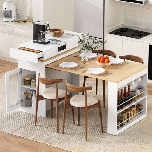 YEHTOKHOME Îlot Central Cuisine sur roulettes, Meuble de Cuisine avec Rangement et Plan de Travail Extensible, Table de Bar avec Prises, 2 Tiroirs et Porte, Verre Givré (Blanc)