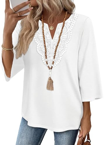 Desol Womens 3/4 Sleeve Tops Boho V Neck Lace Shirt Trendy Blouses Dressy Casual Vacation Clothes