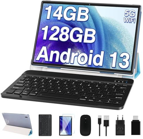 DEERTiME 2026 Android Tablette Tactile 10 Pouces 14Go RAM+128Go ROM (TF 2TB), FHD Tablettes avec 5G WiFi, 8 Cœurs, 2.0 GHz, Widget, 8000mAh, BT 5.0, 5+8MP, Tablette avec Clavier et Souris - Bleu