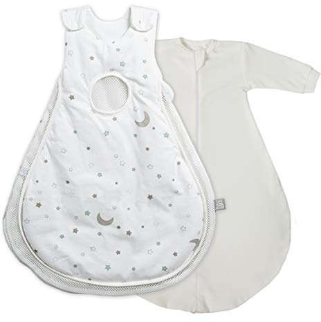 roba Babyschlafsack 56/62 cm Air PLUS Sternenzauber + Strampelsack mit Ärmeln - safe asleep - Schlafsack ganzjährig für Neugeborene - Weiß mit Stern Motiv