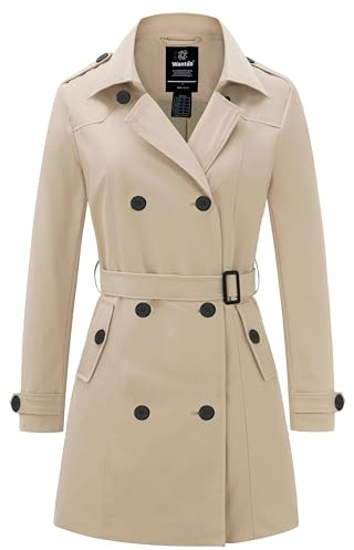 Wantdo Gabardina de Doble Botonadura Clásico para Mujer con Cinturón Trench Abrigo con Cierre de Botones Antiviento Chaqueta con Agente Impermeable Silm Fit Solapa Caqui M