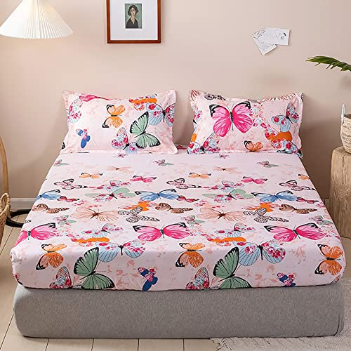 Michorinee Spannbettlaken Kinder 140x200cm Rosa Schmetterling Motiv Muster Mädchen Bettlaken Boxspringbett Topper 100% Microfaser Kindermotiv Spannbetttuch für Matratze bis 25 cm Hohe