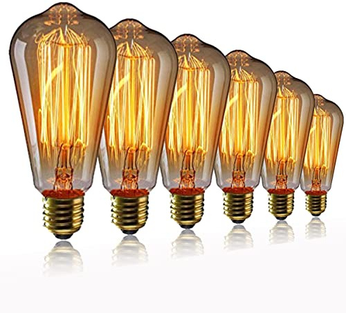EYLM Vintage Edison Light Bulb E27 Vintage Light Bulb 40W ST64 Retro Light Edison Bulb, Industrial Style Light Bulb, Warm White, Decorative Light Bulb 6 Pieces