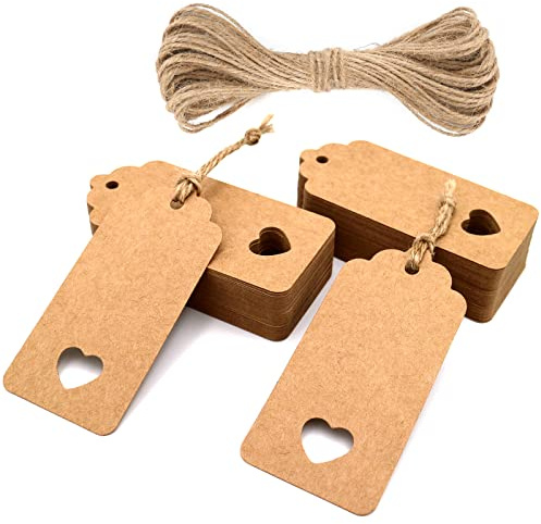 jijAcraft Etiquetas Regalo de Papel Kraft con Corazon, 9,5x4,5cm, 50 piezas, Cuerda de Yute de 10M, para Boda Anniversario Manualidades (Marrón)