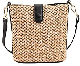 Ulisty Damen Klein Strohtasche Mini Gewebt Eimer Tasche Sommer Strandtasche Mode Schultertasche Umhängetasche Handtasche schwarz