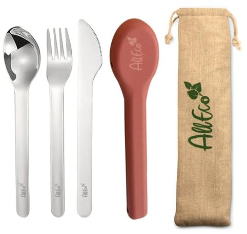 AllEco® Campingbesteck Set – Multifunktionales, Kompaktes und Umweltfreundliches Edelstahl-Besteck mit Silikonhülle – Leicht und Tragbar für Outdoor, Reisen & Picknick – Messer, Gabel, Löffel (rot)