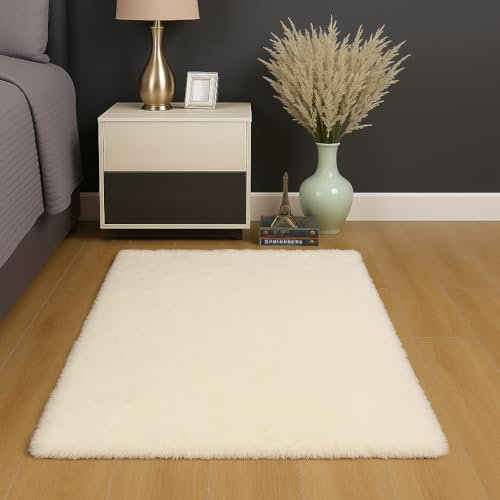 Oxford Homeware Rugs Living Room 60x110 cm – Cream Area Rugs for Bedroom Small – Fluffy Shaggy Super Soft Non Slip Rug Washable Modern Floor Carpets Bedside Rug for Kids Room