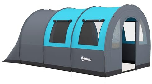 Outsunny Tenda da Campeggio 5 Posti Impermeabile con Zona Notte e Zona Giorno Separate, tenda Trekking in Poliestere, 480x260x200 cm, Grigio e Blu