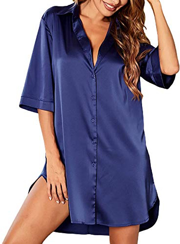 Edhomenn Womens Satin Nightdress Sleepwear Underwear Summer Sleeping Shirt Half Sleeve Single Breasted Loose Nightshirt for Home Wear Loungewear