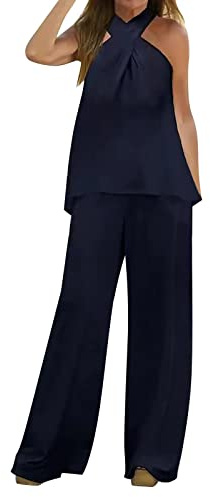 BOTCAM Conjunto de ropa elegante para mujer, 2 piezas, de fiesta - traje de fiesta, traje de novia, top sin mangas con cuello halter y pantalones de pierna ancha, traje de ocio, conjuntos de ropa