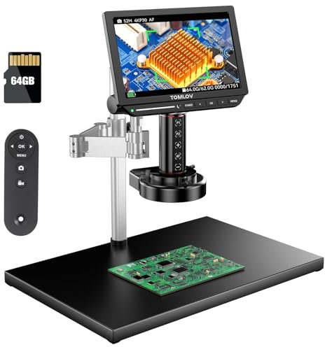 TOMLOV TM4K-AF Max Autofokus Digital Mikroskop 2000X, 4K 10,1 IPS-Schwenkarm-Lötmikroskop für Erwachsene, 52MP HDMI-Mikroskopkamera für Münzen und Löten, mit Ringlicht, PC/TV-kompatibel, 64GB