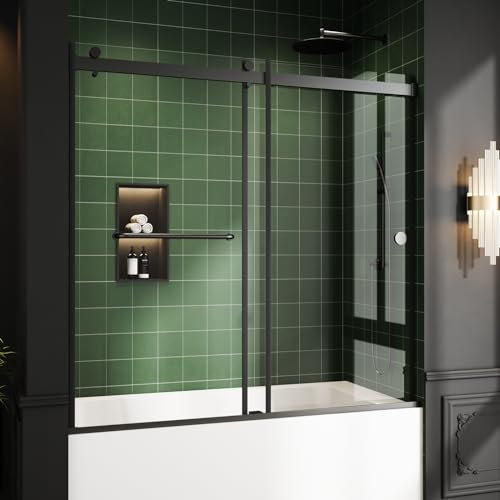Bathtub Sliding Door, 55-60 W x 56 H Tub Shower Door, Bathtub Glass Door Bathtub Double Sliding Shower Door Tempered Glass Explosion-Proof Film Stainless Steel Matte Black
