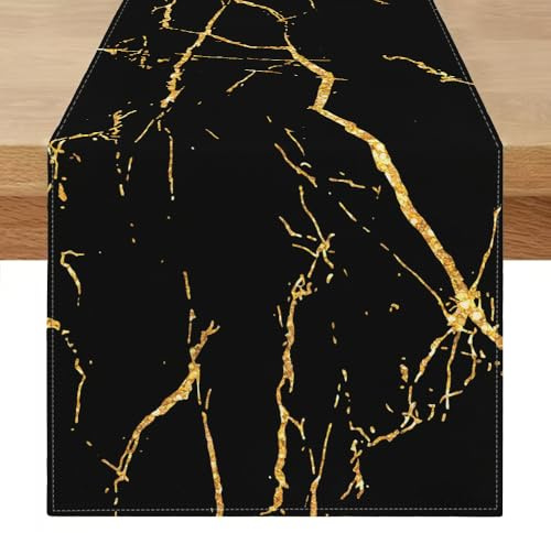 Modern Table Runner, 40 x 200 cm, Black and Gold, Table Runner in Linen Marble Gold Textured Vintage Decoration for Dining Room, Kitchen, Farm, Wedding, Spring Summer Coffee