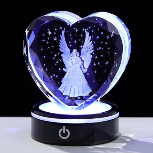 Arikyrist K9 Crystal 3D Guardian Angel Figurines Heart Ornaments with LED Light Base, Glass Praying Angel Memorial Gifts for Friends Women Collectible Centerpieces Home Decor