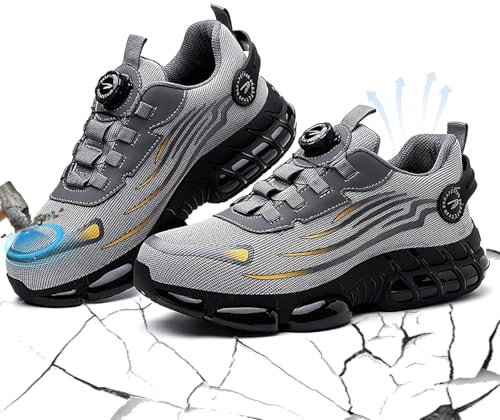 Steel Toe Shoes for Men Women Safety Work Shoes with Cushioned Sole Lightweight Breathable Slip-on Safety Sneakers Industrial Construction Non-Slip Work Footwear Black (266-44-gray)