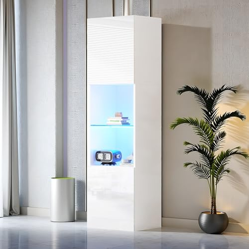 LINKHOO Vitrine en Verre, Vitrine Blanche Haute Brillance avec éclairage LED, 1 étagère en Verre, 45 * 35 * 160 cm, vitrines, vitrines indépendantes, armoires Hautes, armoires de Stockage
