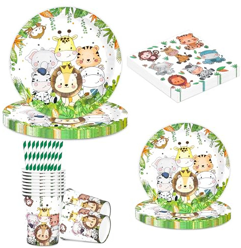 BuyCard Dschungel Safari Party-Set für 10 Gäste | 60-tlg. Geschirr-Set mit Teller, Becher & Servietten | Tier-Deko für Kindergeburtstag | Abenteuer-Party für Jungen und Mädchen