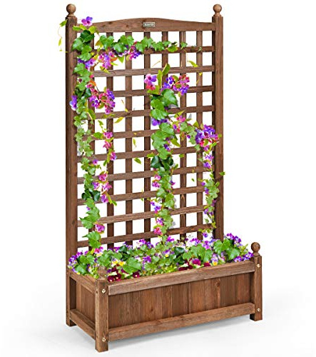 COSTWAY Blumenkasten mit Rankgitter, Pflanzkasten Holz für Kletterpflanzen, Pflanzkübel mit Sichtschutz, Hochbeet mit Spalier & Drainagelöchern, für Garten Hof Balkon, 64,5 x 28 x 120 cm, Braun