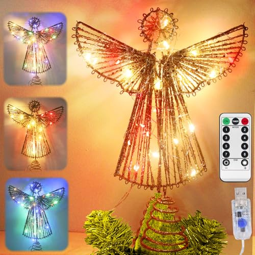 Punta de árbol de Navidad, punta de ángel LED, decoración navideña con función de temporizador, USB, estrella para decoración de árbol de Navidad, fiesta de vacaciones interior