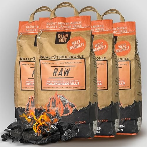 Premium Holzkohle 3 kg x 4 Säcke – 12 kg Grillkohle Buchenholz, rauchfrei & nachhaltig – Körnung 20–80 mm – feinstaubreduziert, FSC-Zertifiziert