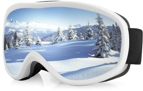 Anbte Occhiali da Sci UV400 con Compatibilità Occhiali da Vista, Lente Antiappannamento Doppio Strato e Custodia - Maschera Sci Polivalente per Uomo e Donna-Bianco