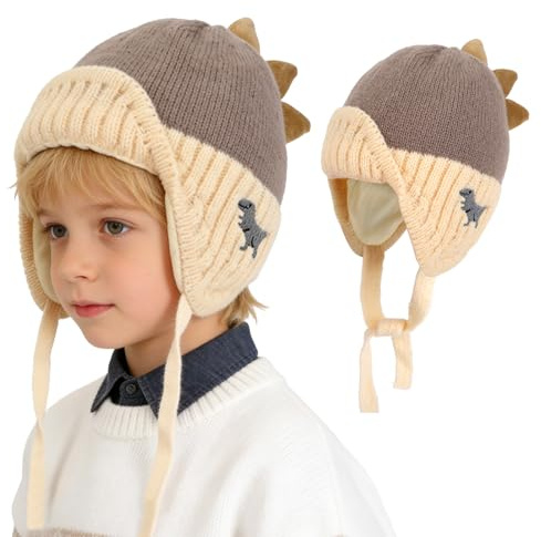 TAGVO Gorro de Invierno Infantil Dinosaurio Punto, Forro Polar Cálido con Orejeras y Cuerdas, Diseño de Dibujos Niños Niñas 1–6 Años