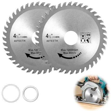 2 Piezas Disco Corte de Madera Acero de Aleación, 115mm Hoja de Sierra Circular Multi Material, Hoja de Sierra Carburo de 40 Dientes con Arandela Plana, para Madera Contrachapada, Carpintería