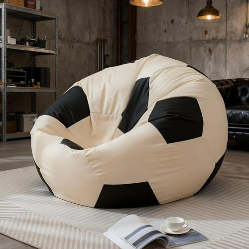 Soccer Bean Bag Chair No Filler Children/Adults Faux Leather Football Bean Bag Cover Fluffy Stuffed Animal Storage Bean Bag Chair Cover for Adults Teens Kids Girls(Beige-Black,L-D100cm-cover)