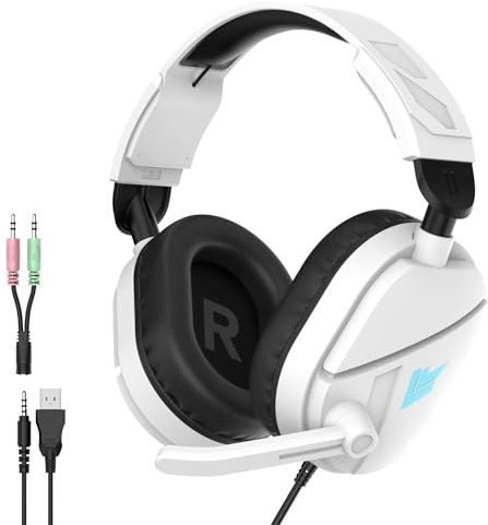 QXQ Wired Gaming Headset para PS5/PS4/PC/Switch, 3,5mm Over-Ear Headphones con Noise-Canceling-Mic, RGB Light, Deep Bass Stereo Surround Sound, Memory Foam Almohadillas, All-Day Comfort, Blanco oscuro