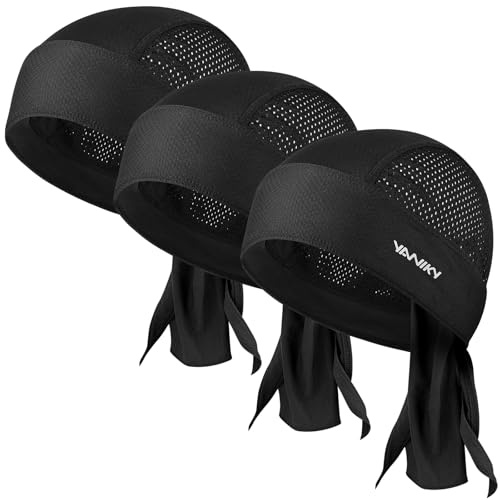 YANIKY Do rag Bandanas for Men, Breathable Skull Caps Dew Rags for Women, Cooling Head Wraps, Cooling Helmet Liner Durag Motorcycle Pirate Bandana (Black+Black+Black)