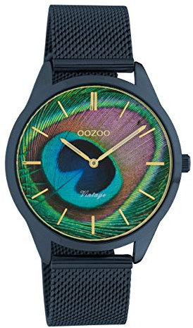 Oozoo Vintage Damenuhr Edelstahl Milanaiseband Pfau Peacock Zifferblatt 43 MM Dunkelblau C10252