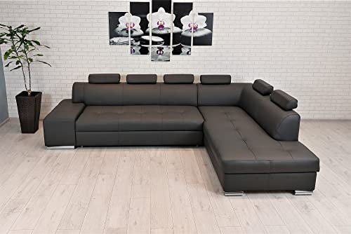 Quattro Meble Dunkelgraues Echtleder Ecksofa London PIK 6z 300 x 200 Sofa Couch mit Schlaffunktion Echt Leder Toledo Eck Couch große Farbauswahl (300x200 Ecke Rechts)