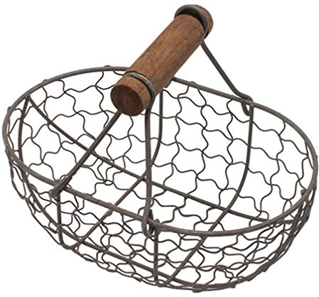 DOITOOL Oval Wire Storage Basket With Wooden Handles, Metal Vintage Style Iron Wire Storage Basket, 7 Inch Rustic Egg Fruit Kitchen Organizer