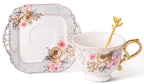 fanquare 200ml Graue Teetasse mit Untertasse Set, Porzellan Kaffeetasse mit Großem Henkel, Quadratische Untertasse mit Goldrand