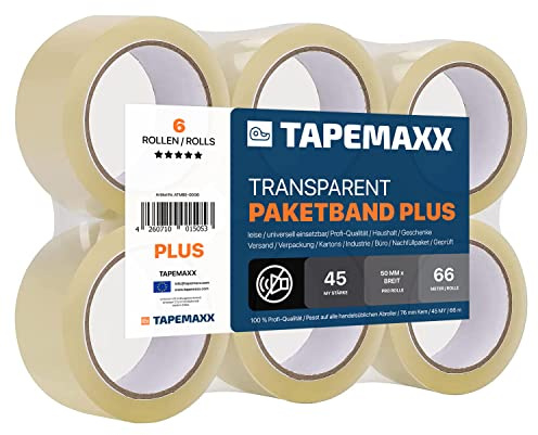 FYBR TAPEMAXX PLUS 6 Rollen starkes transparentes Paketklebeband leise Paketband Packband Packing Tape Klebeband Verpackungsband 48 mm x 66 m klar