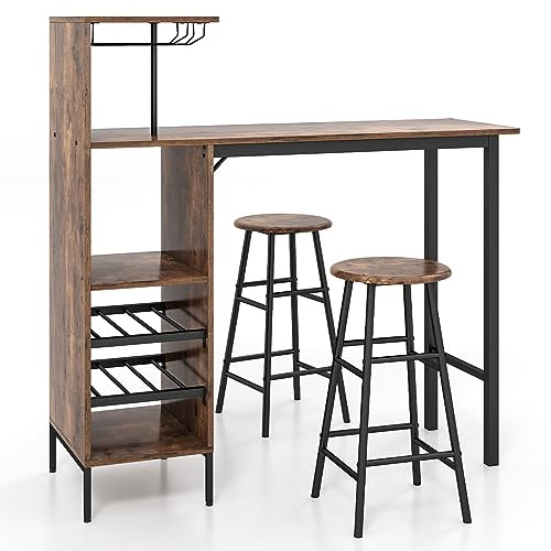 COSTWAY 3 Piece Bar Table Set, Kitchen Table and Stools with Glass Holders, Wine Racks, Storage Shelves & Adjustable Foot Pads, Counter Height Dining Table Set for Bistro Living Room (Rustic Brown)