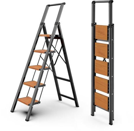 WOA WOA 5 Step Ladder, Ladders for Home, Anti-Slip Pedals, Aluminum Step Stool Foldable, Lightweight to Move, Ease of Storage, Reach 10ft for Closet Kitchen Library, Hold 300lbs - Black&Wood Grain