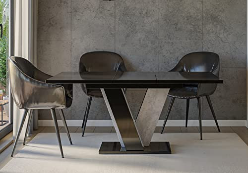 PROROOM FURNITURE - Nevi Table - Esstisch - mit V-Gestell - Säulentisch - Rechteckig - 120x90x75 cm - Ausziehbar auf 160 cm - Modern - Esszimmer, Küche, Wohnzimmer, Salon - Schwarz Glanz & Steinoptik