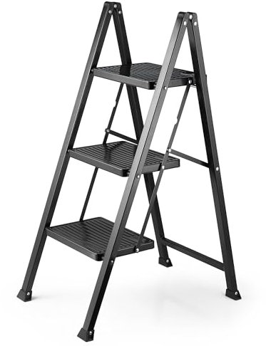 VonHaus Slim 3 Step Ladder with Anti Slip Steps and Feet - Black Lightweight Folding Stepladder - 150KG Max Capacity, Easy to Store - Ideal for Home/Kitchen/Garage Household Ladder