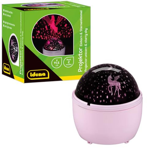 Idena 50143 - Proiettore LED unicorno e cielo stellato, si illumina nei colori bianco e rosa, proiettore LED per cielo stellato con 2 modalità, per uso interno, a batteria, circa 11,5 x 13 cm