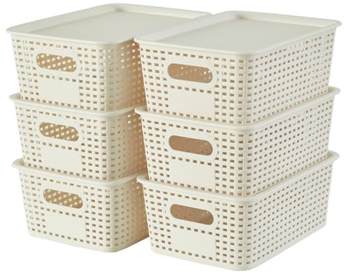 Mangata Storage Baskets with Plastic Lids, Stackable Plastic Storage Boxes, Decorative Organiser with Handles, Set of 6, White