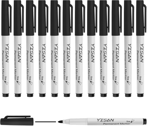 YISAN Permanent Marker Fein,1mm Permanentstift Schwarz,12 Wasserfest Filzstifte,71525