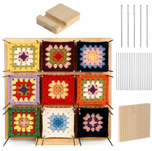 ErShiPing 20x20cm Virkbräda, Blockbräda med 1 Bas,10 Stålstänger och 5Nålar | För blockning av virkade rutor, träkonstruktion, stabil, hållbar, lätt att använda, idealisk för virkning och handarbete
