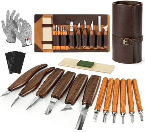 7CDXD Herramientas de Tallado de Madera, Kit de Tallado de Madera de 17 Piezas con Bolsa de Almacenamiento de Poliuretano, Kit de Corte de Madera con 6 Cuchillos de Corte y 5 Cuchillos de Tallado