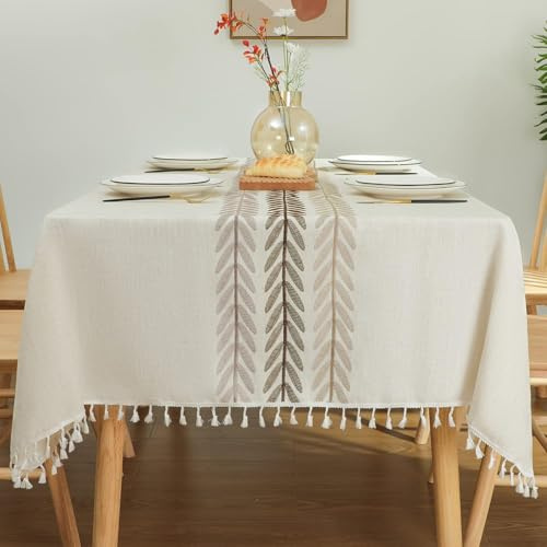 Laolitou Table Cloth Cotton Linen, 55 x 72 Inch Tablecloth Rectangular, Wipe Clean Table Cover Anti-Wrinkle Tassel Design for Christmas Party Outdoor Garden Kitchen Dinning (Beige, 4-6 Seats)