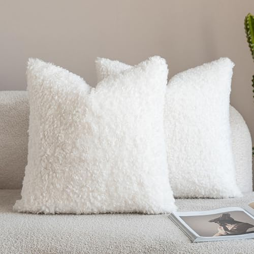Neelvin 2er Set Dekorative Kissenbezug Teddy Wolle Künstlich Pelz Kissenbezüge Weiche Plüschkissen Kissenhülle Bouclé Zierkissenbezüge Sofakissen für Sofa Schlafzimmer Wohnzimmer 40x40cm Cremeweiße