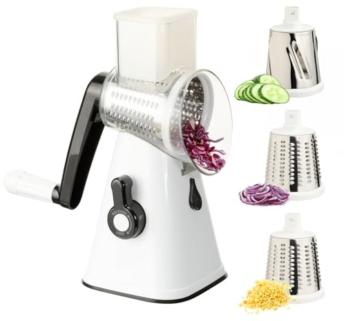 Cozary Coupe Legumes Multifonctionnel Manuelle, Râpe à Légumes avec 3 Lames Inox Interchangeables (Tranche, Râpe, Julienne) – Base à Ventouse Antidérapante et Poignée Ergonomique – Sans BPA