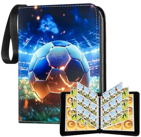 RNPKZ Fotbollskort, samlaralbum, 9 fack, 50 sidor, 900 kort, samlarkortalbum, PU, vattentätt fotbollsalbum med dragkedja och handtagsslinga, present till fotbollsfans, barn, samlare