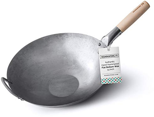 Mammafong Flat Bottom Carbon Steel Wok Pan - Authentic Hand Hammered Woks and Stir Fry Pans - 14 Pow Wok